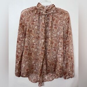 Fate Paisley Long Balloon Sleeve Button Front Top High Neck Rust Nude Womens Sm.